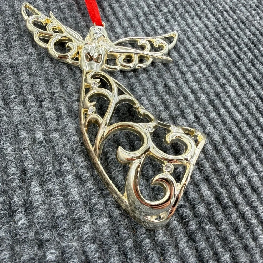 Lenox Angel Ornament Silver Tone Crystal Accents Scroll Design Red Ribbon